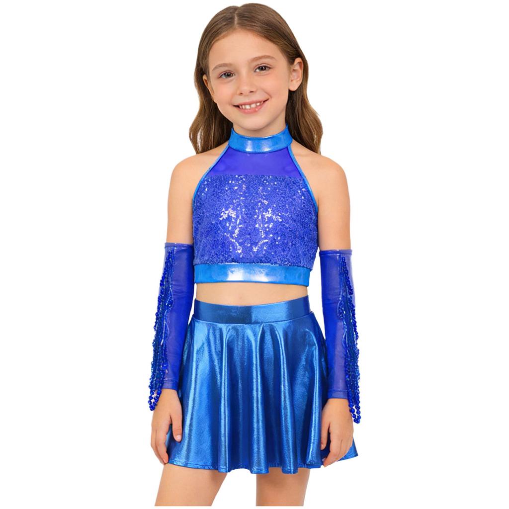 Set Costume da Danza Jazz per Bambini Scintillante Paillettes Crop Top Schiena con Foro Senza Maniche Taglie Forti Gonna a Zampa Metallizzata e Guanti con Frange di Paillettes Gara