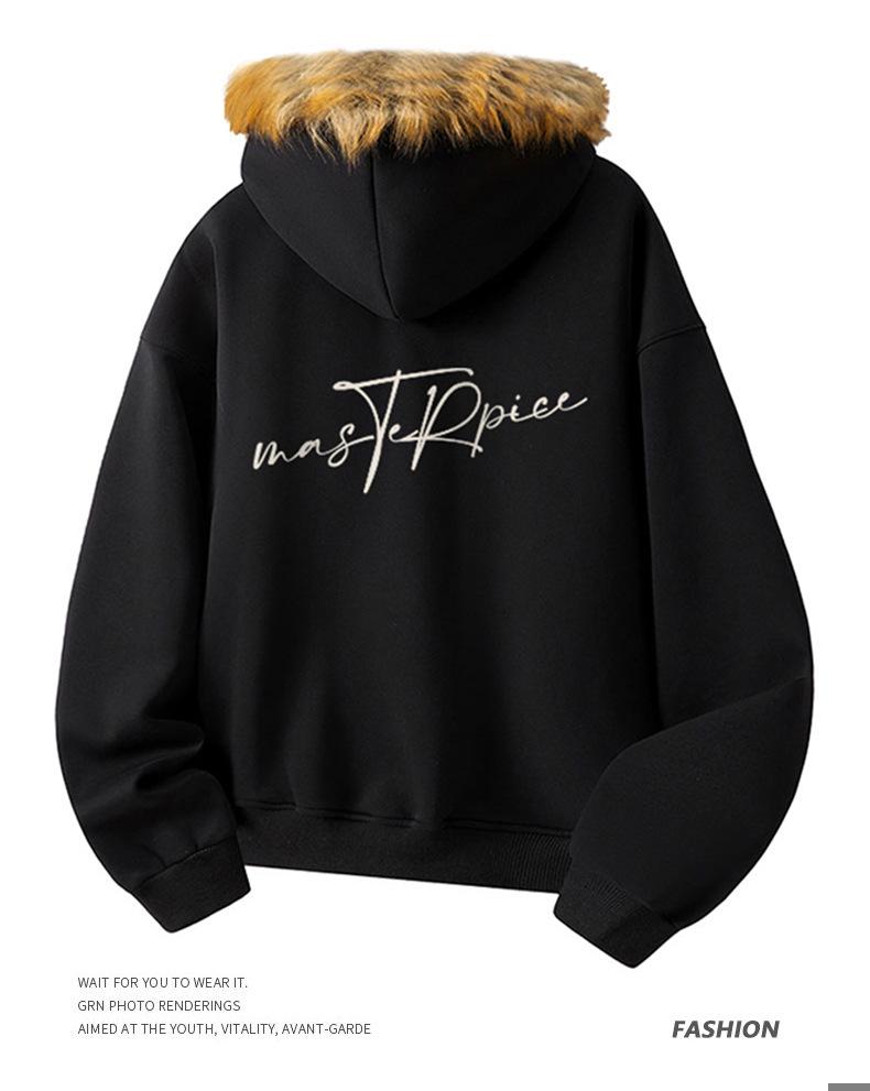 Retro bluza z kapturem o luźnym kroju z futrzanym kołnierzem - Polarowa odzież wierzchnia unisex na jesień i zimę