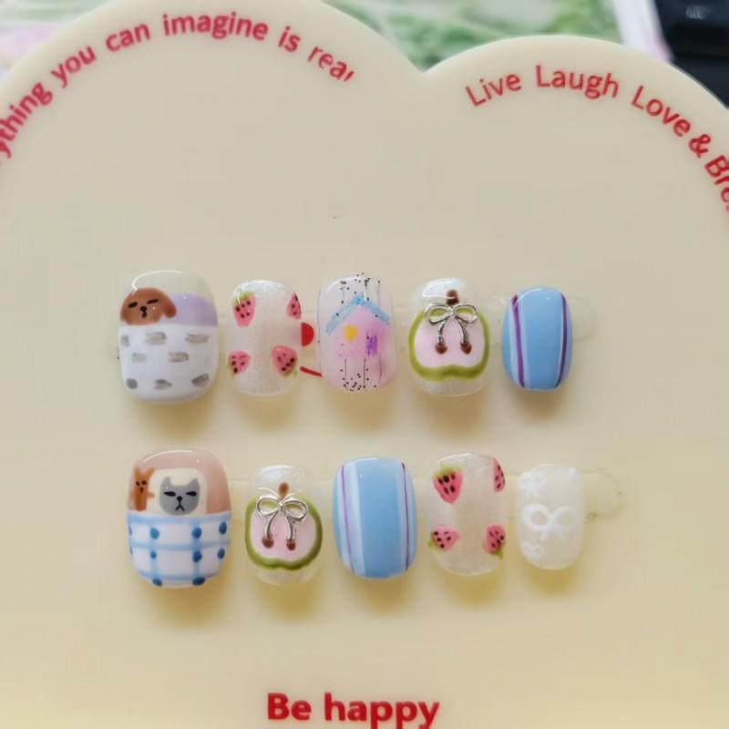 Short Square Press-On Nails With Hand-Painted Cute Cat Eye Design Sweet Ins Style Nail Art Women