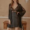 Pyjama sexy pour femme en soie glacée fin avec coussinets de poitrine, dentelle creuse au dos, robe de nuit à bretelles d'été, ensemble deux pièces pour la détente