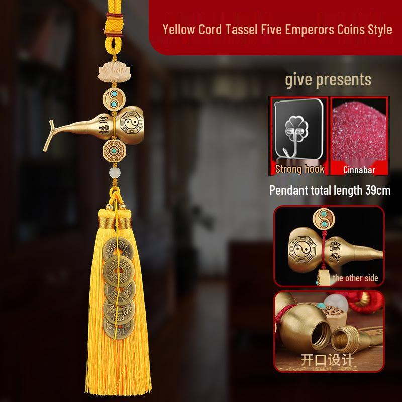 Brass Gourd Pendant with Five Emperor Coins - Boxwood Accessories for Door or Car Hanging Ornament