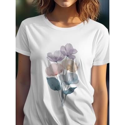 Klassisches Rundhals-T-Shirt | Pastellfarbenes Blumenmuster mit Blattmotiv, Weiß, atmungsaktiv, lässiger Stil, perfekt für Galeriebesuche am Wochenende