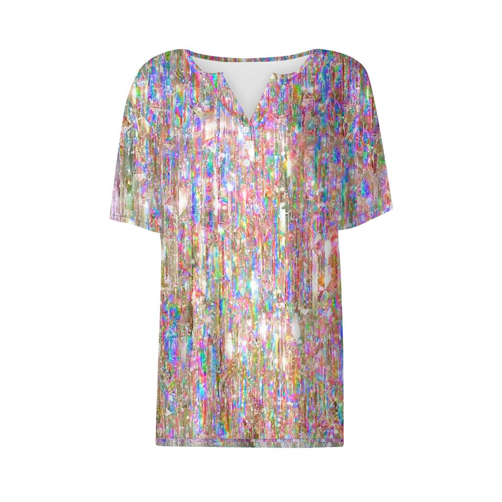 Damski top T-shirt z krótkim rękawem i ozdobnymi guzikami, z nadrukiem i cekinami, z nadrukiem i dekoltem w kształcie litery V