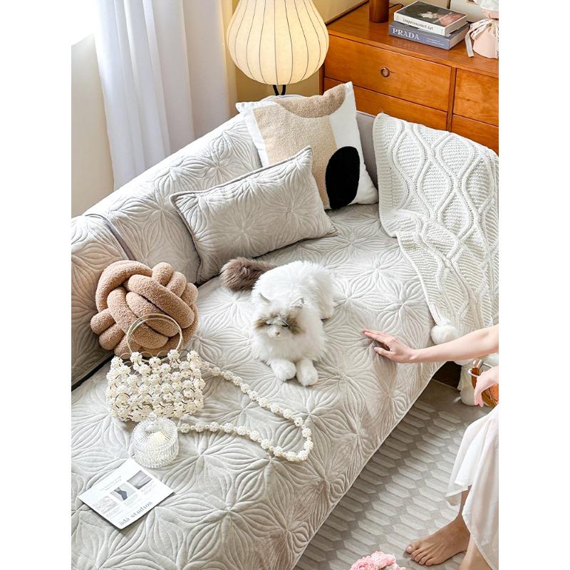 Solid Color Autumn and Winter Plush Sofa Cushions Heavy Industry Quilted Embroidery Living Room French Retro Sofa Cover Cover Seat Cushion