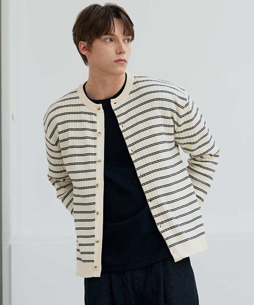Nodu Block Stripe Round Knit Cardigan [Ivory]
