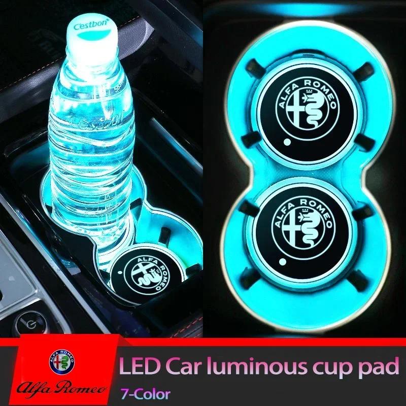 ACPXJ1 2pcs Car LED Smart Water Cup Mat USB Light Drink Holder Coaster for Alfa Romeo Logo 155 156 159 Giulia Mito Stelvio 4C GT Spider
