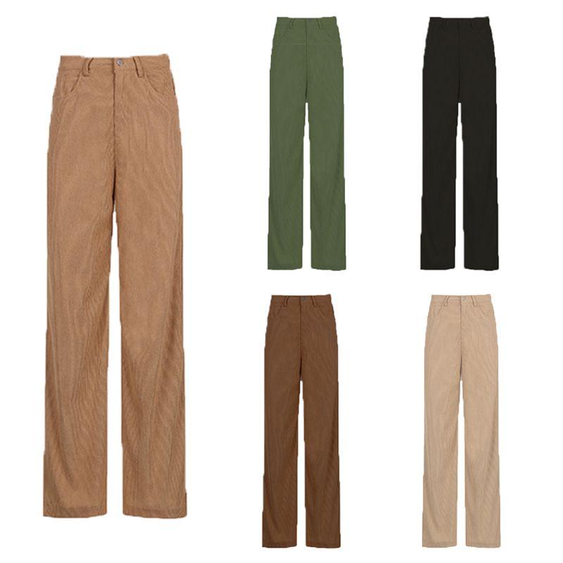 Color Solid Womens High Waist Wide Leg Slimming Casual Fashion Pants Corduroy