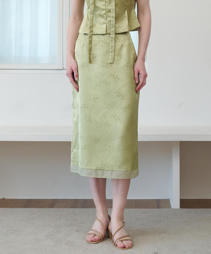 OPENING SUNSHINE Set - Satin Jacquard Tie Blouse + H Midi Skirt Olive