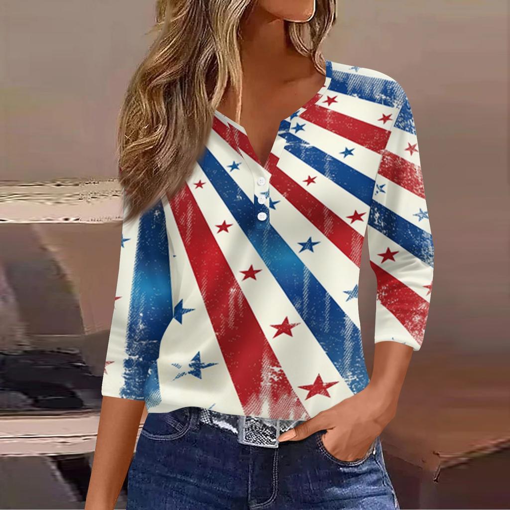 Women's Fashion Casual Independence Day American Flag Stars and Stripes Print Collar V-Neck Three-Quarter Sleeve Decorative Button-Up T-Shirt Top