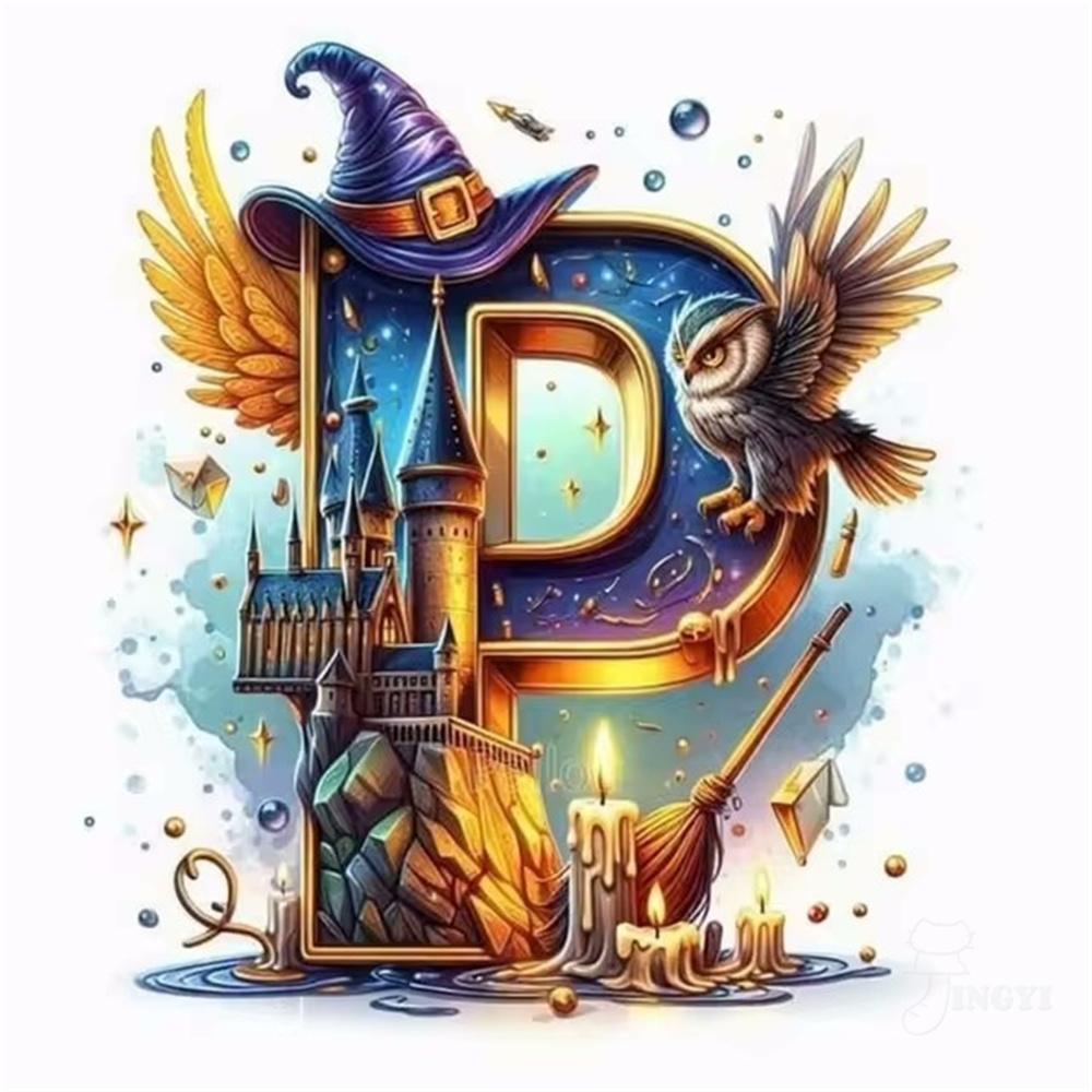 Harry Potter Fantasy Castle and Owl Letters Diamond Painting Cross Stitch Art Magical Alphabet Witch House Mosaic Home Decor
