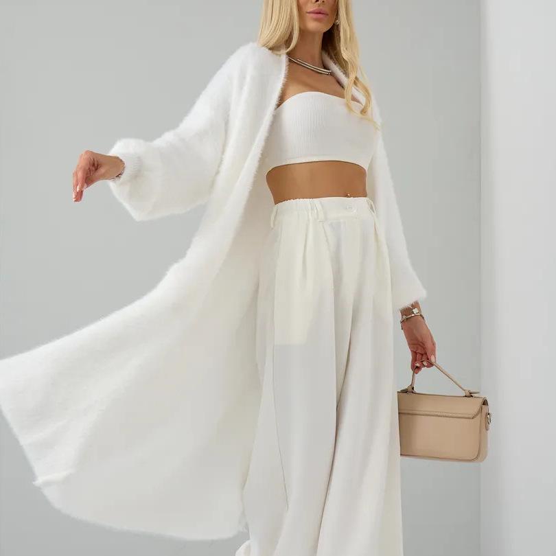 Cardigan Long en Tricot Cachemire Faux Vison Blanc pour Femme - Doux, Ample, Style Décontracté pour l'Automne et l'Hiver