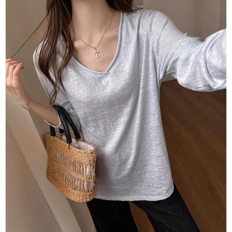 Oversized V-Neck Long Sleeve T-Shirt Women Soft Cotton Blend Loose Fit Casual Top Korean Style Layering Base
