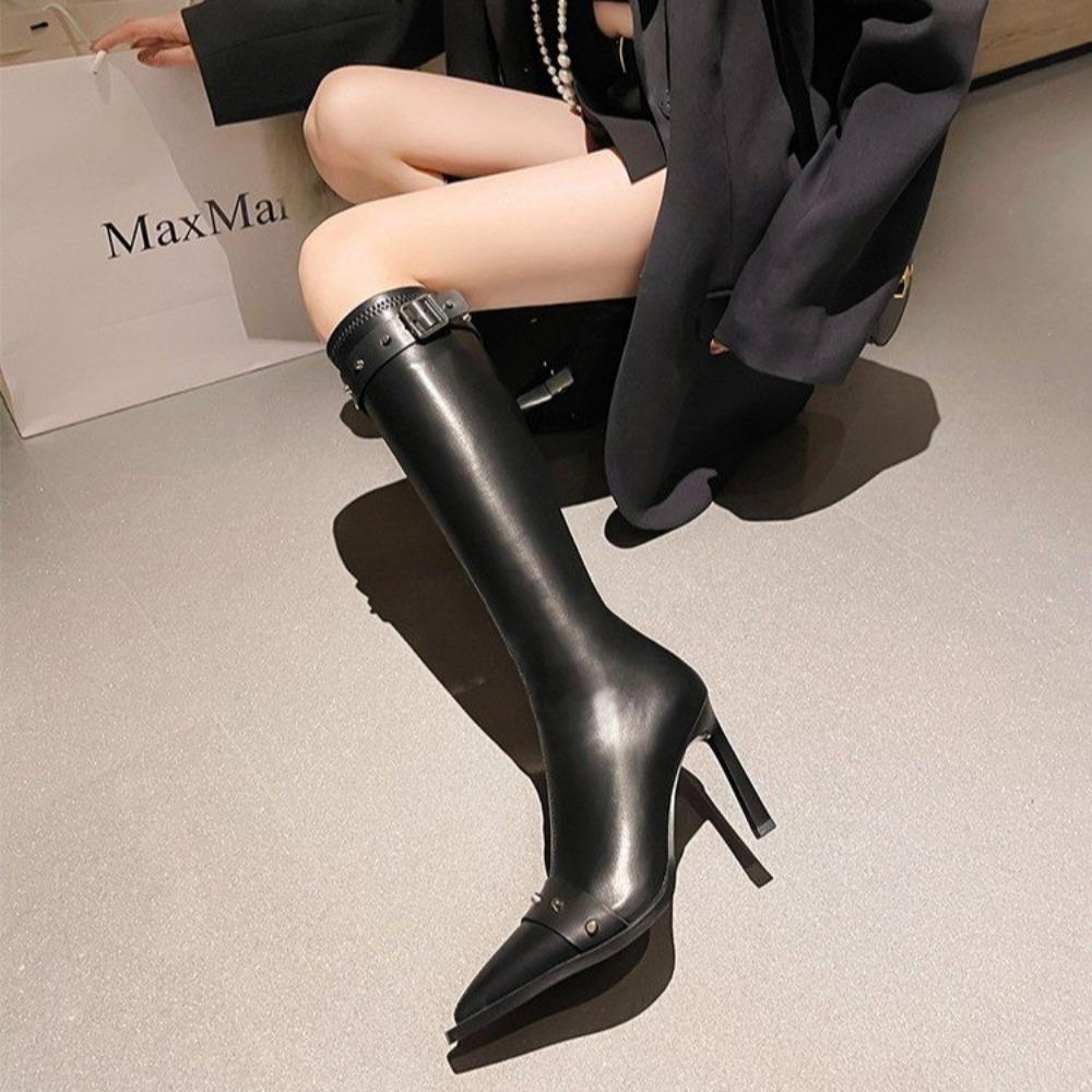 Women's High Top Zipper Belt Buckle High-heeled Solid Color Women's Boots 2024 New Spring and Autumn Fashion Women's Boots