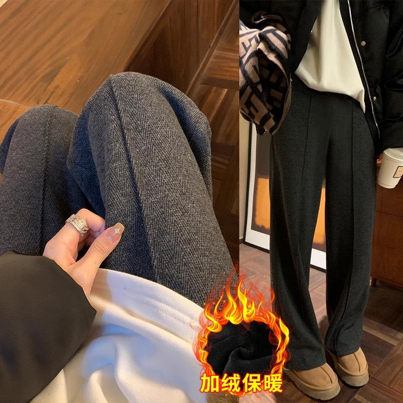 #-3 Maternity Straight-leg Pants Cashmere and Velvet Winter Herringbone Twill Wide-leg Pants Loose-fitting Casual Pants