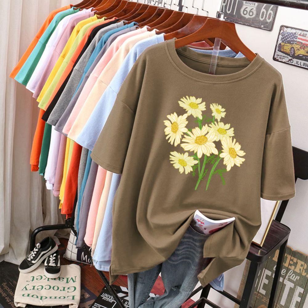 Street Baumwolle Damen T-Shirts Frisch Harajuku Gelbe Chrysanthemenblumen Drucke Oberteile Locker Rundhals Weiche T-Shirts Damenbekleidung