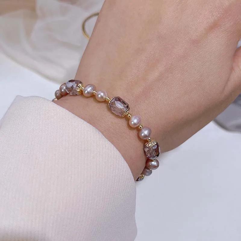 Vintage Purple Imitation Pearl Bracelet for Women Girls Fashion Design Crystal Adjustable Chain Jewelry Gifts