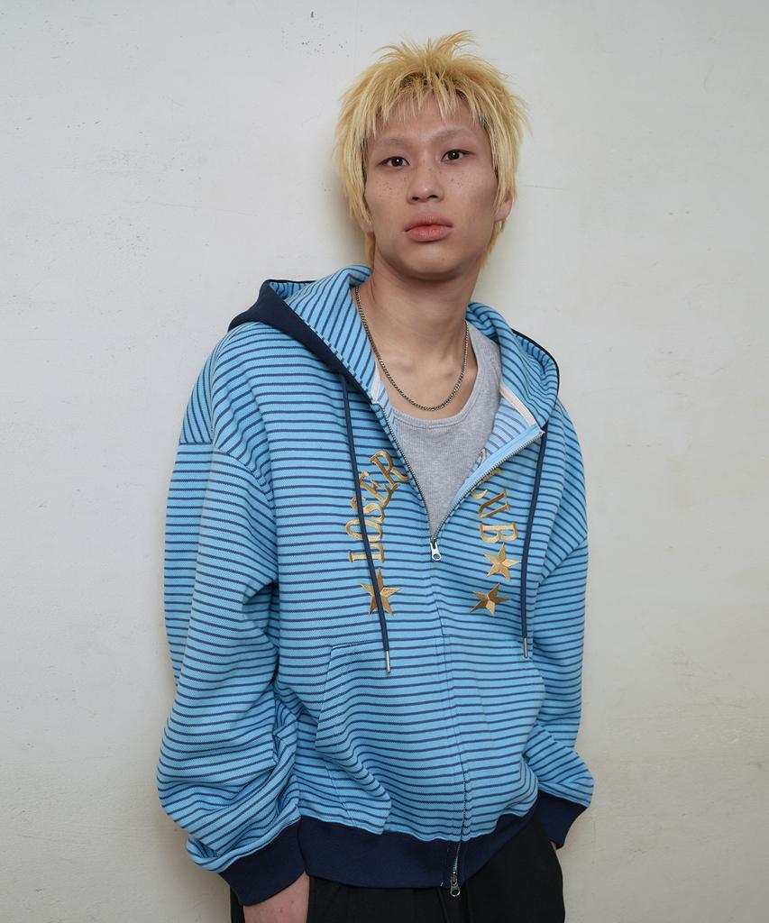 Losers Club Striped Two-Tone Two-Way Zip-Up Hoodie Sky Blue