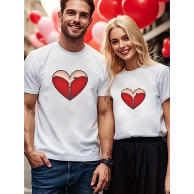 1 sztuka Kolekcja Wiosna/Lato Koszulka dla Pary Walentynki Nadruk Serca LOVE Retro Słodka