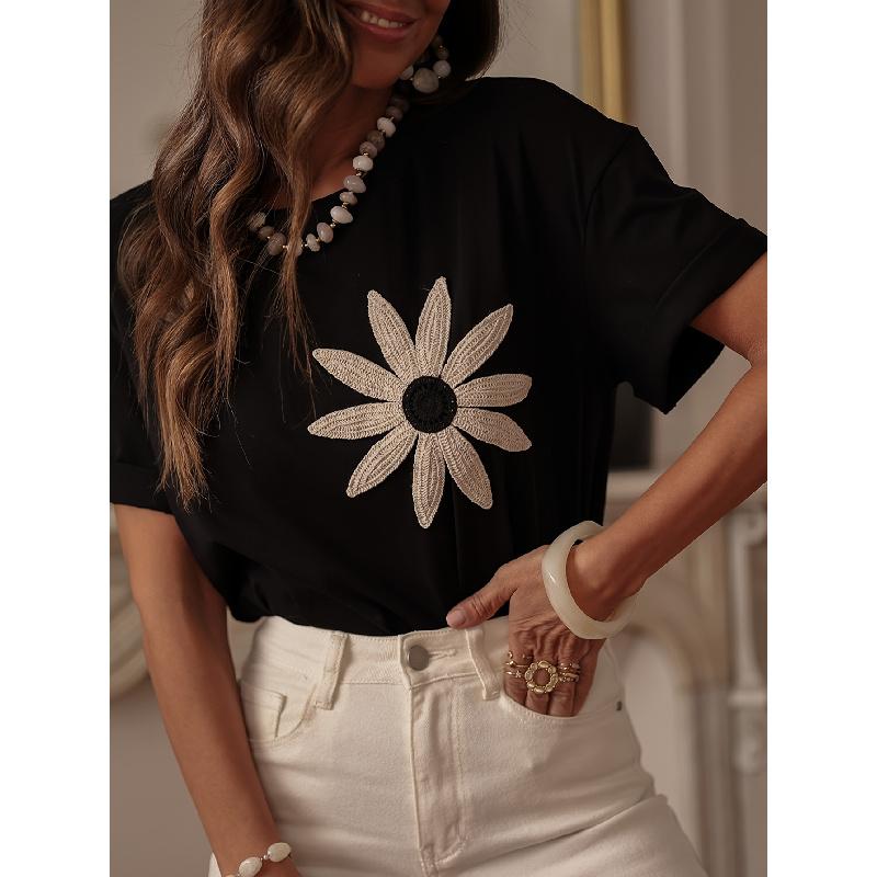 Slimming three-dimensional embroidered pleated soft lightweight breathable women's round-neck short-sleeve T-shirt
