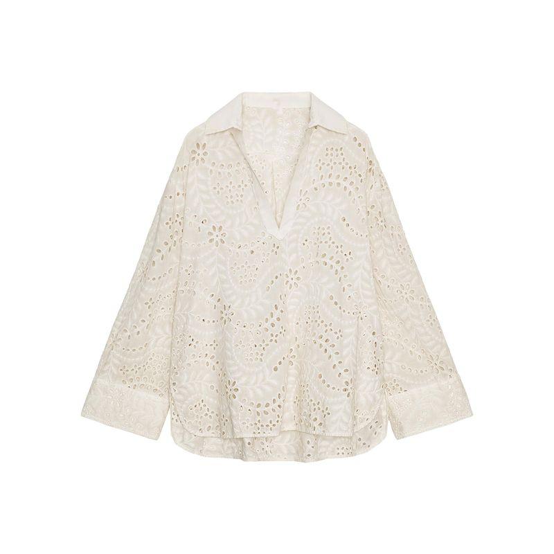 Zaprha 2025 Summer New French style Style Hollow Embroidery Thin Lapel V-neck Long sleeve Shirts 4786105