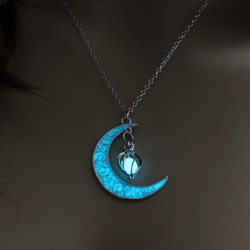 

2024 Moon Glowing Necklace Gem Charm Jewelry Silver Plated Women Halloween Pendant Hollow Luminous Stone Pendant Necklace Gifts