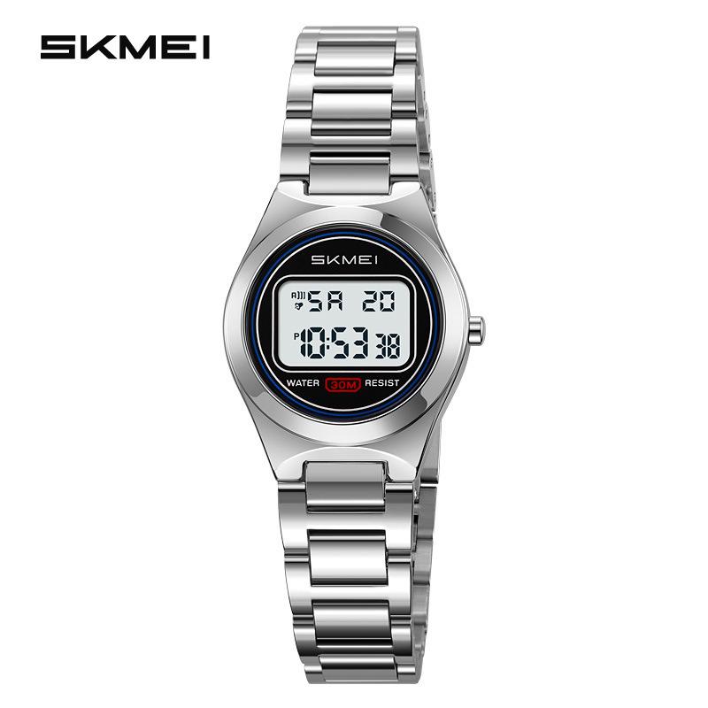 Shíkèměi 2334 Multifunktionale LED-Elektronikuhr für Damen mit Stahlarmband