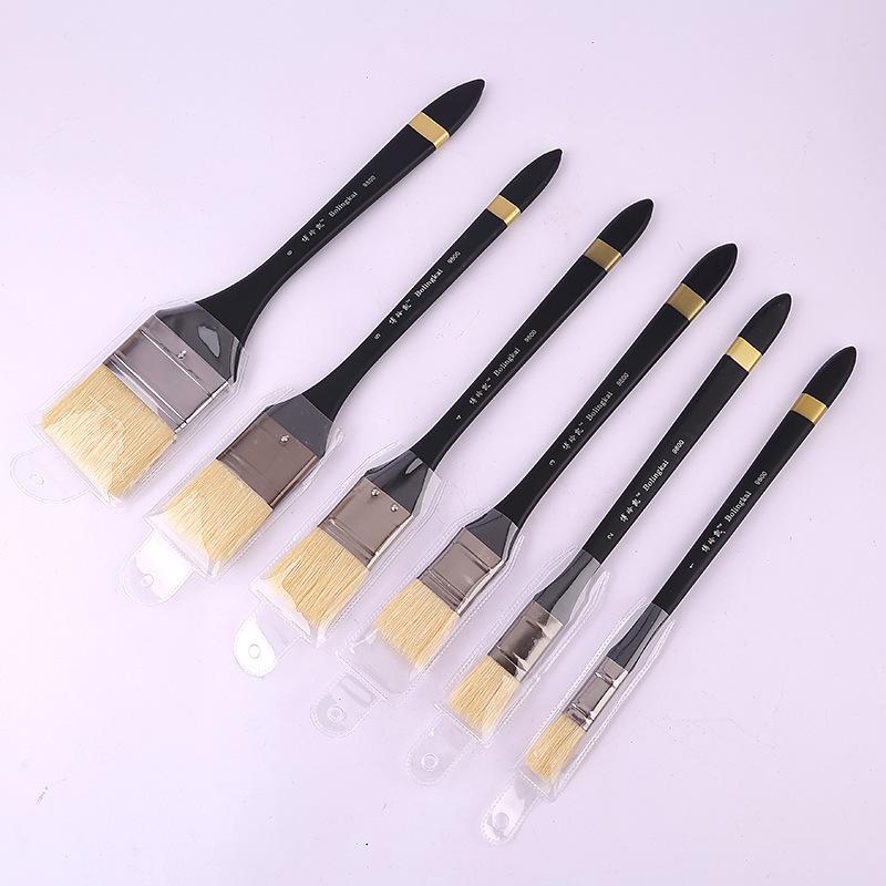 Flat-head Bristle Wood Handle Brush Set for Watercolor and Oil Painting, Handmade with Wall Painting Capability.