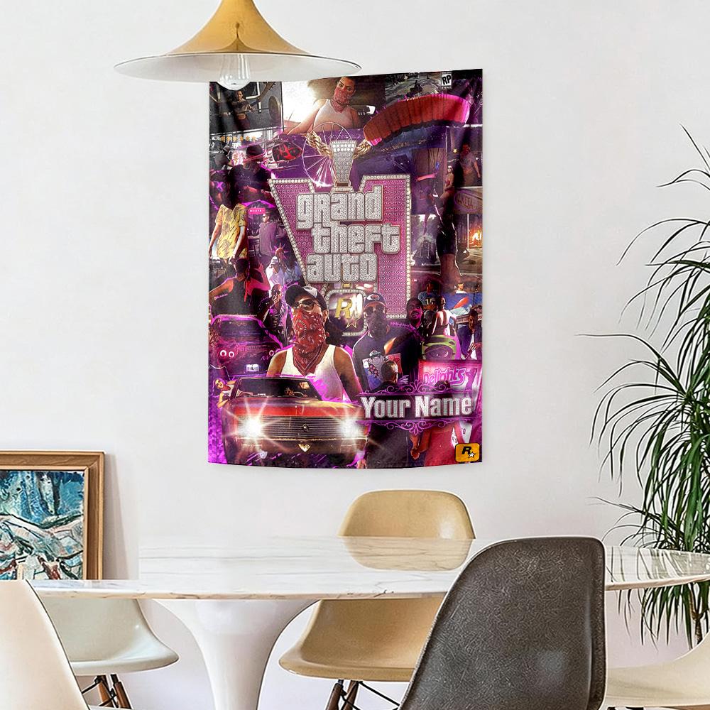Grand Theft Auto Personalized Text Tapestry Aesthetic Wall Tapestry Smooth Polyester Perfect for Home Decor Ideal for All Seasons