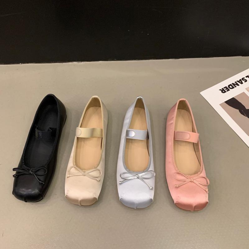 Flat pink ballet single shoes fairy shoes spring and autumn 2025 new summer satin silver Mary Jane shoes
