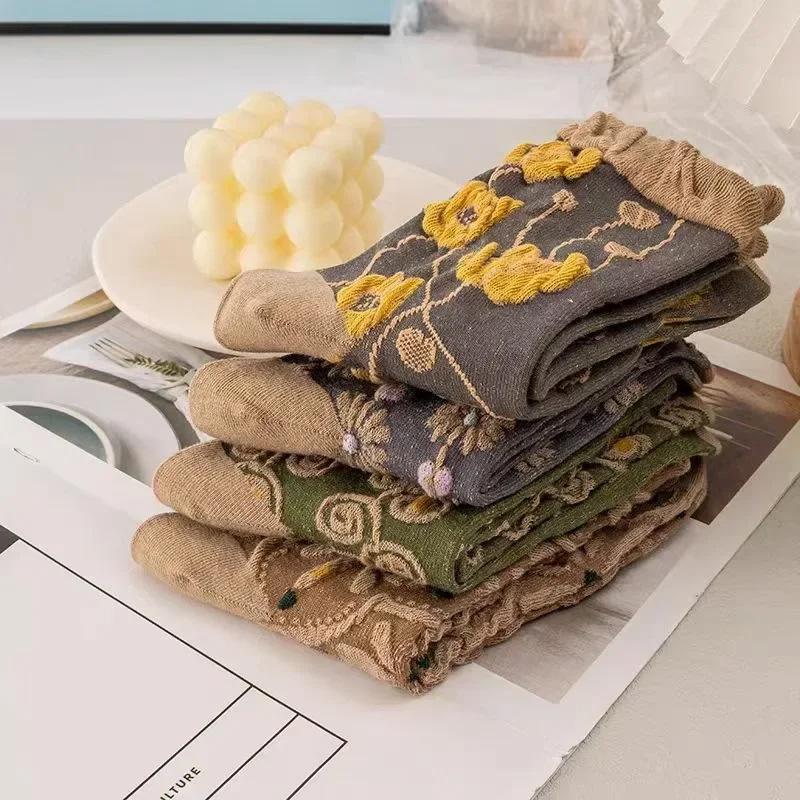 1/5 Paires Chaussettes Mi-Mollet Motif Ethnique Broderie 3D Chaussettes Texturées Polyvalentes Imprimé Floral Toutes Saisons Décontractées pour Femmes