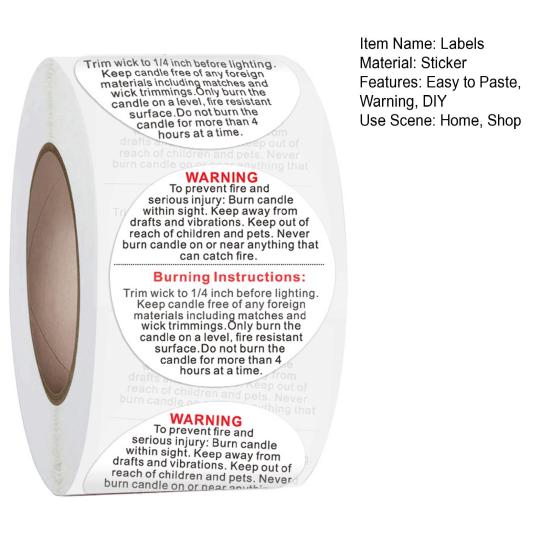 500Pcs/1Roll Candle Warning Labels Wide Applications Warning Easy to Paste Round Black And White Warning Labels for Bedroom