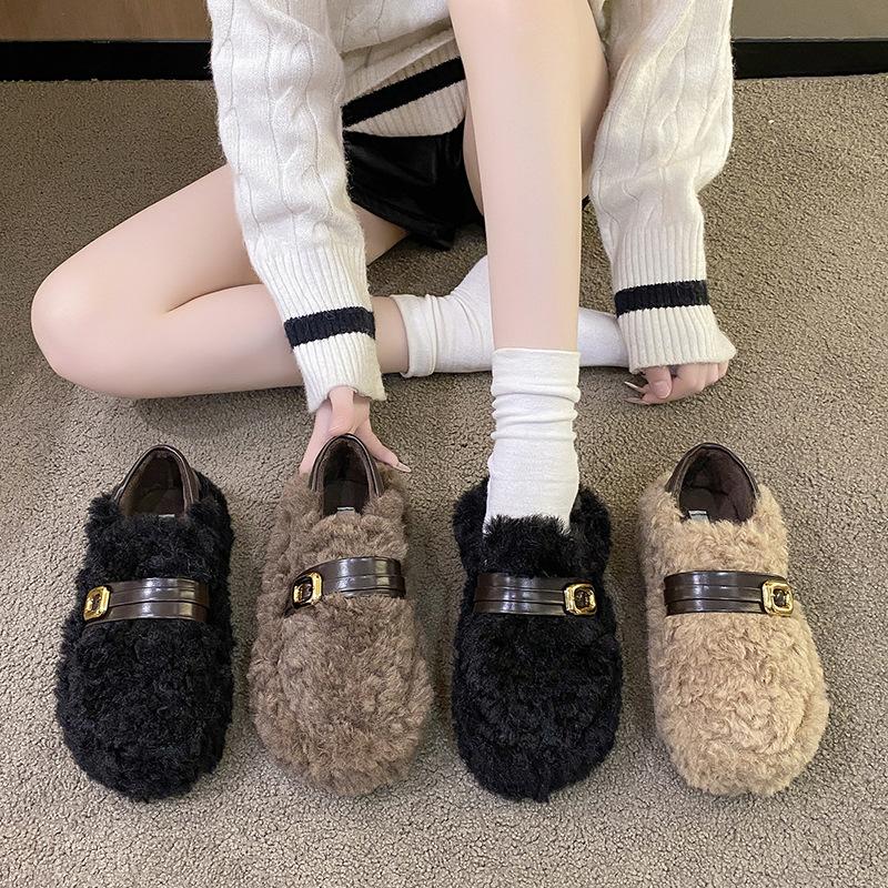 Schwarze flauschige Schuhe für Damen zum Tragen im Herbst und Winter, weiche Sohlen, Slipper, warme Samt-Mützen-Schuhe, Baumwollschuhe mit dicken Sohlen