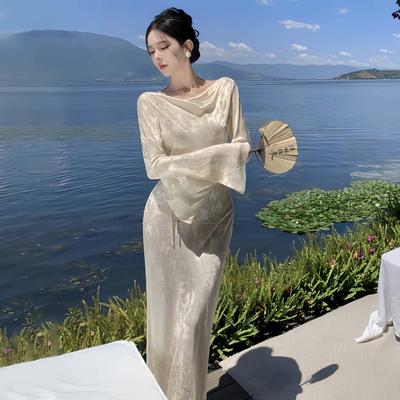 2025 New French Draping Long Sleeve Light Luxury Bodycon Banquet Dress