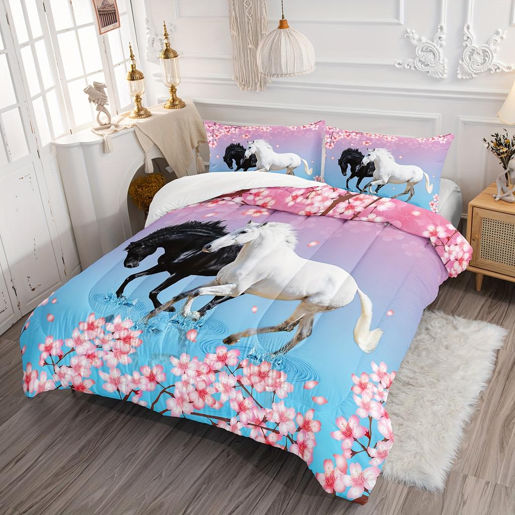 [Horse Comforter Set] 3pcs Horse Comforter Set Floral Animal Theme Handsome Horse Chic Cherry Blossom Bedding Set 3D Wild Anima