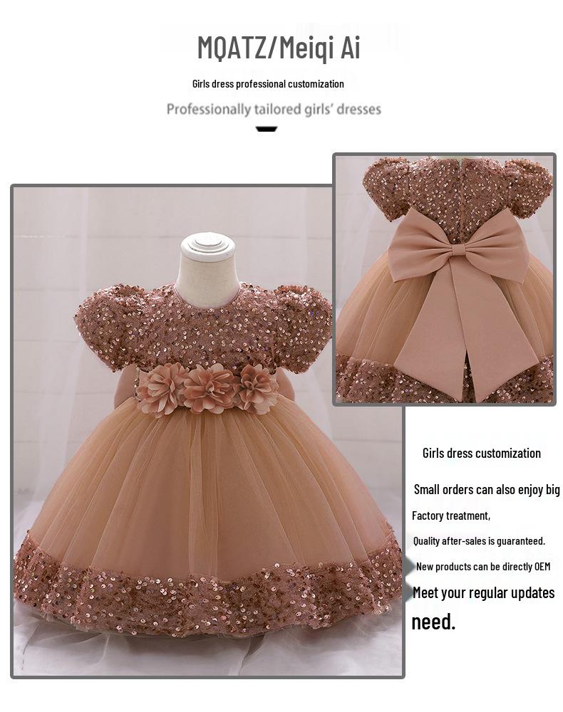 Transgraniczna sukienka z cekinami dla dziewczynki z kwiatami 3D, puszysta siateczka - roczek, wiosenna sukienka księżniczki na urodziny
