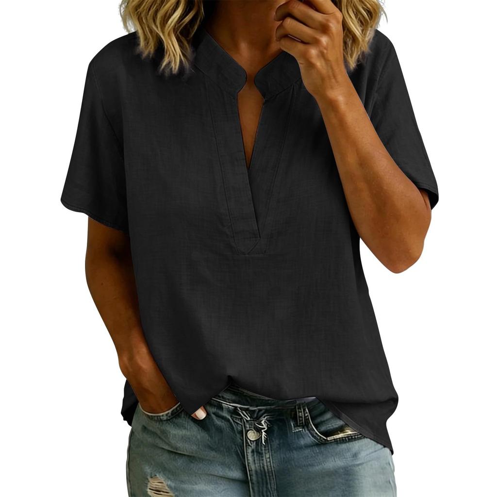 Women's V Neck Short Sleeve Shirt Gathered Detail Solid Color Casual Top Lightweight Comfortable Fabric