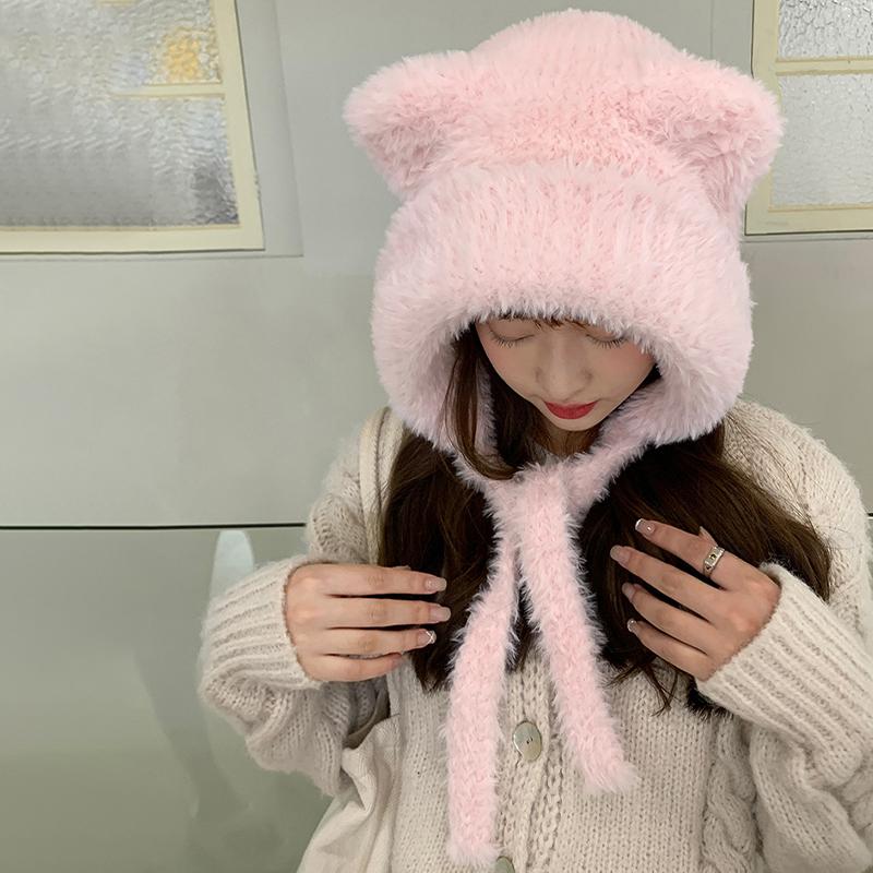 Autumn And Winter  Bear Ear Strap Lei Feng Hat Women'S Korean Cute Warm Ear Protection Knitted Wool Hat