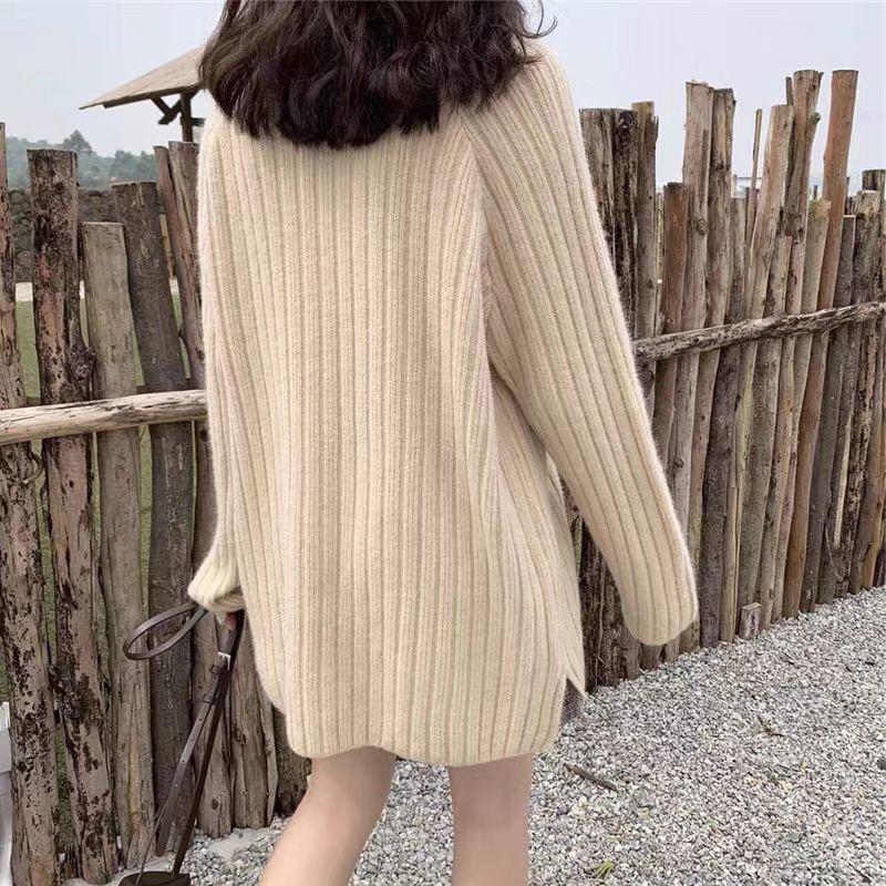 Women's Medium Length Knitted Wool Cardigan - Autumn/Winter Round Neck, Thick, Solid Color, Loose Fit