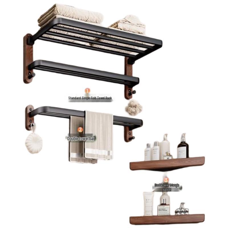 

HANDUNYOU Black Walnut Wood Bathroom Towel Rack & Storage Shelf Set