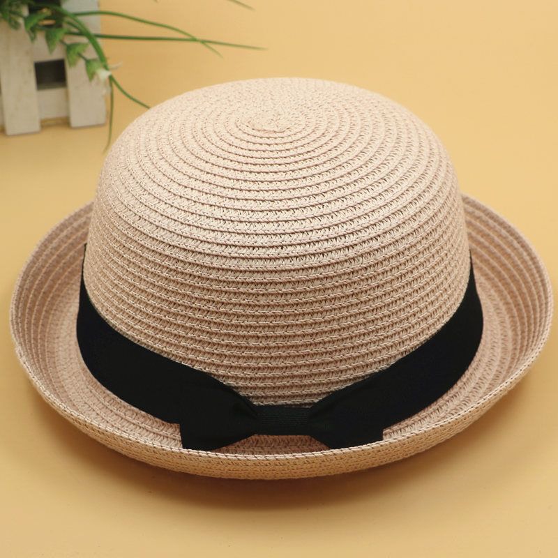 Fundă rotundă Pălărie de paie cu margine rulată Călărie de femeie pe plajă Protecție solară Pălărie de top pentru copii Pălărie cool de primăvară și vară