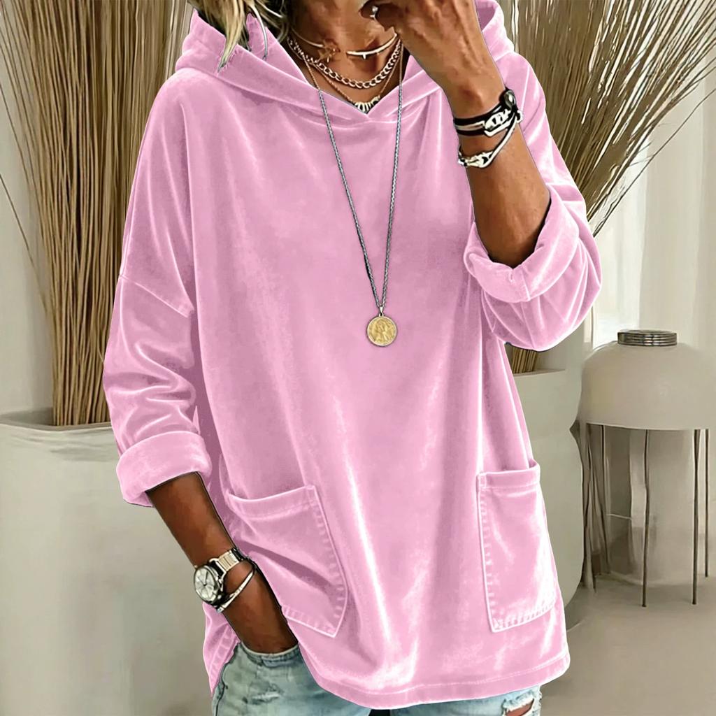 Women'S Solid Color Velvet Hoodie Oversize Long Sleeve Sweatshirt With Pockets Casual Loungewear Cozy Pullover Top