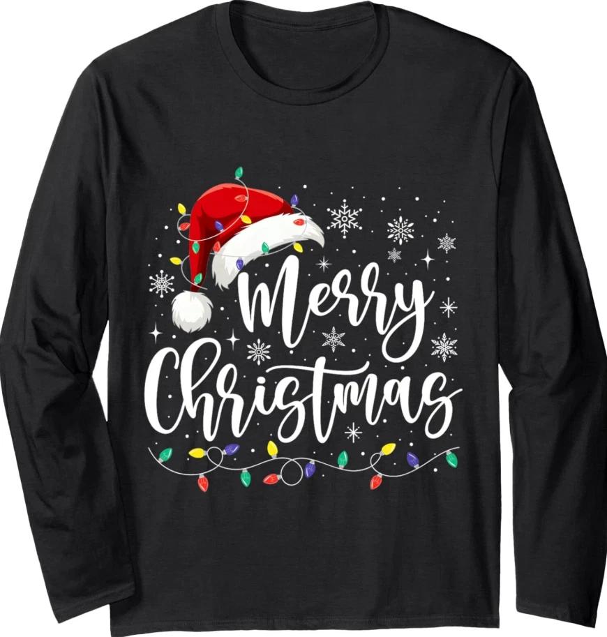 Merry Christmas Lights Santa Hat Family Holiday Festive Unisex Long Sleeve Tee S