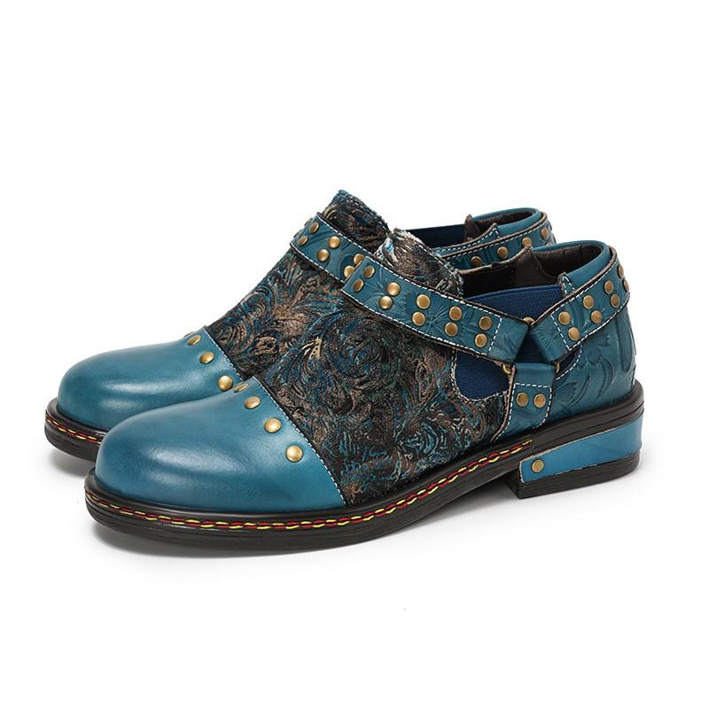 Johnature Four Seasons Pumps Retro Printed Ethnic Style Genuine Leather Comfortable Women's Low Heel Shoes