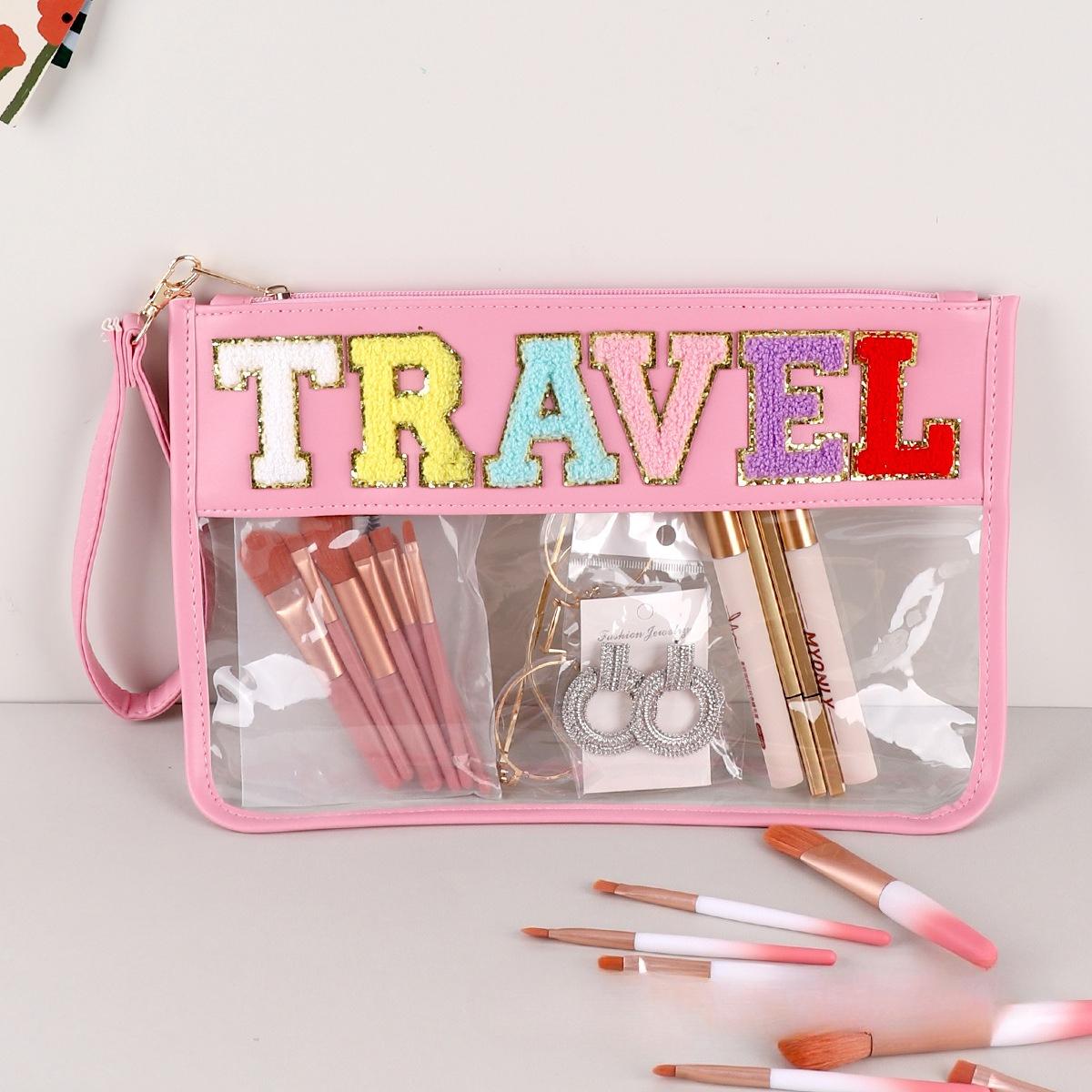 

Transparent Letter Makeup Bag Large Capacity Storage Bag PVC Waterproof Cosmetic Bag Embroidery Splicing Household Storage