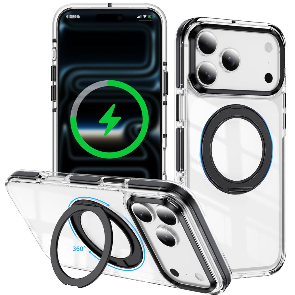 For iPhone 17 Pro Case Compatible with MagSafe Rotating Kickstand Shockproof TPU PC Acrylic Clear Phone Back Cover