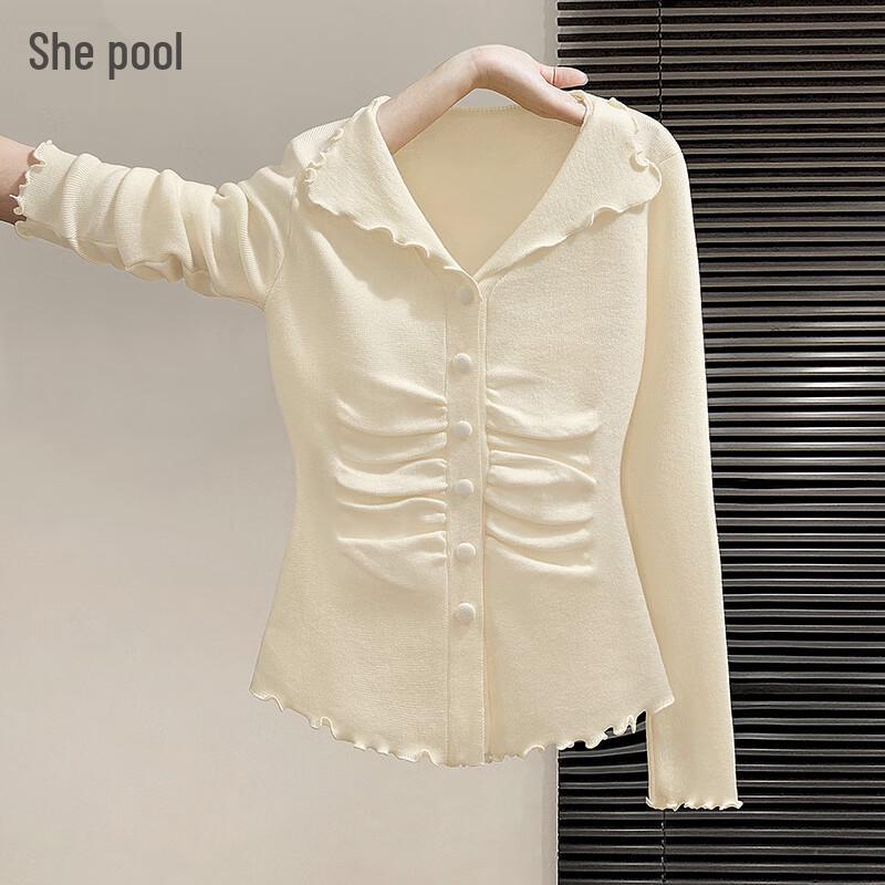 

Women s Ruffle Trim Lapel Knit Top One Size