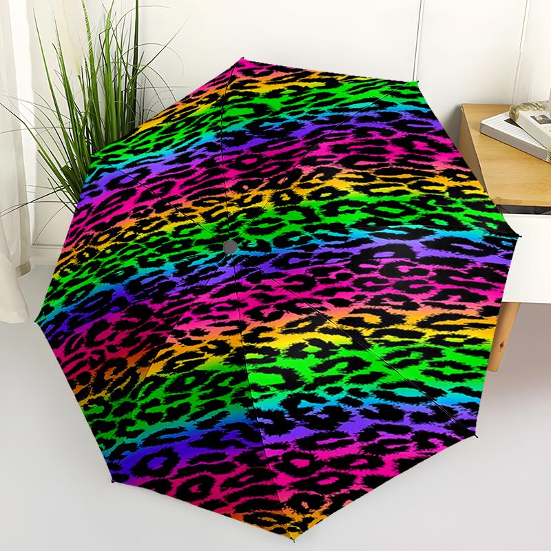 1pc Colorful Leopard Print Pattern Umbrella Portable Folding Umbrella Iron Frame Hole Bone Structure Outdoor Home Umbrella