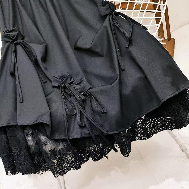 Fashion Women's Japanese Style Dull Black Long Dress High-Waisted Bow Spliced Lace A- Line Mid-Length Skirt Female