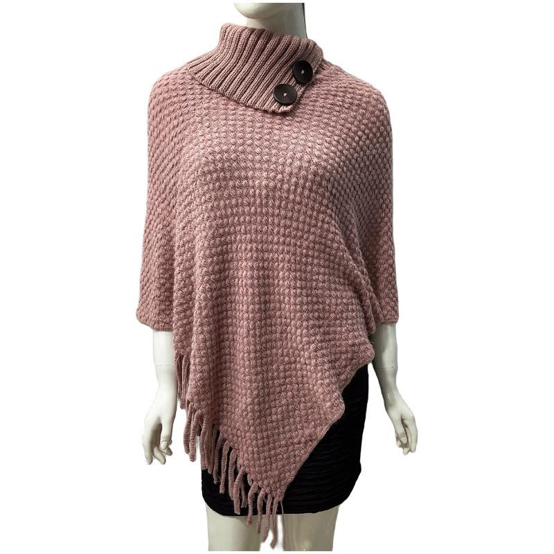 Herbst- und Winterneuheit Damen Umhang Schal mit hohem Kragen, Knopf und Quasten, winterwarmer Umhang, einfacher modischer Pullover