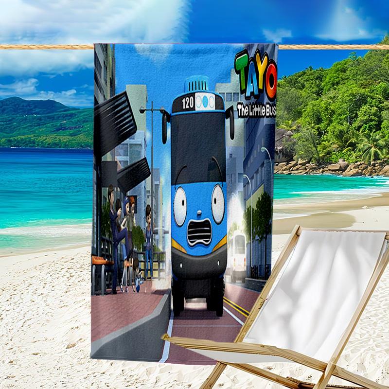 1pc Tayo The Little Bus2 Beach Towel, Beach and Seaside Swimming Pool Equipment, Fashion Pattern, Rectangular, Travel Essentials